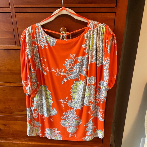 Lane Collection Dolman Sleeved Shirred Shoulder V Back Top, size 1X in Orange - Picture 1 of 6